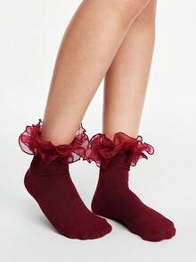 ROMWE 1 Pair Of Sweet Kawaii Two Wear Burgundy Lace Mid-Tube Socks - Burgundy - View 9