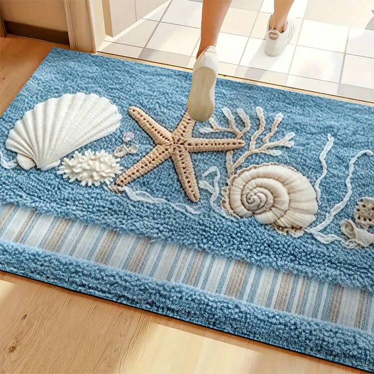 海岸風浴室地墊，海星貝殼珊瑚圖案超細纖維浴墊，防滑 TPR 背面吸水機洗低毛地墊，適用浴室廚房玄關，入厝禮物 - A - 查看 4
