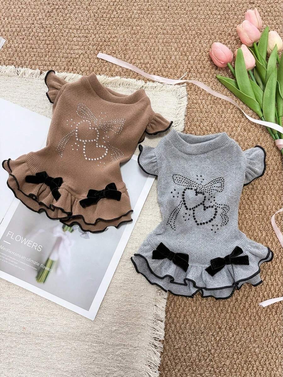 PETSIN Cute Pet Dress Ribbed Knit Flutter Sleeve Rhinestone Double Heart Pattern Velvet Bow Ruffle Hem Clothes For Small Dogs Cats - Multicolor - View 1
