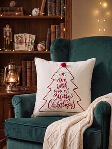 Cirelle 1pc/2pcs Christmas Square Throw Pillow Covers, Pom‑Pom Decor Christmas Tree Letter Embroidery Cushion Cases, Neutral Rustic Farmhouse Holiday Decor For Sofa, Bedroom, Bay Window, Apartment, Homestay, Pillow Insert Not Included - Red - View 1
