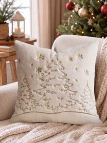 Cirelle 1pc/2pcs Christmas Faux Rabbit Fur Throw Pillow Covers, Golden Embroidered Decorative Pillow Shell With Reindeer,Snowflake, Snowman&Christmas Tree Motifs,Cream Neutral Winter Holiday Home Decor For Sofa, Bedroom,Living Room,Pillow Insert Not Included - Imitation rabbit fur golden embroidery thread pine tree - View 5