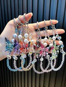 Colorful Crystal Beaded Phone Wrist Strap, Butterfly Decor Bead Lanyard, Anti‑Lost Keychain Charm, Bag Ornament, Accessory For Women Girls - multicolor - View 2