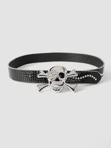 MortiRose 1 Piece Punk Crocodile Pattern PU Wide Belt, Skull Metal Buckle Rivet Decorative Belt, Halloween, Halloween Accessories/, Halloween Costume/Gothic - Multicolor - View 4