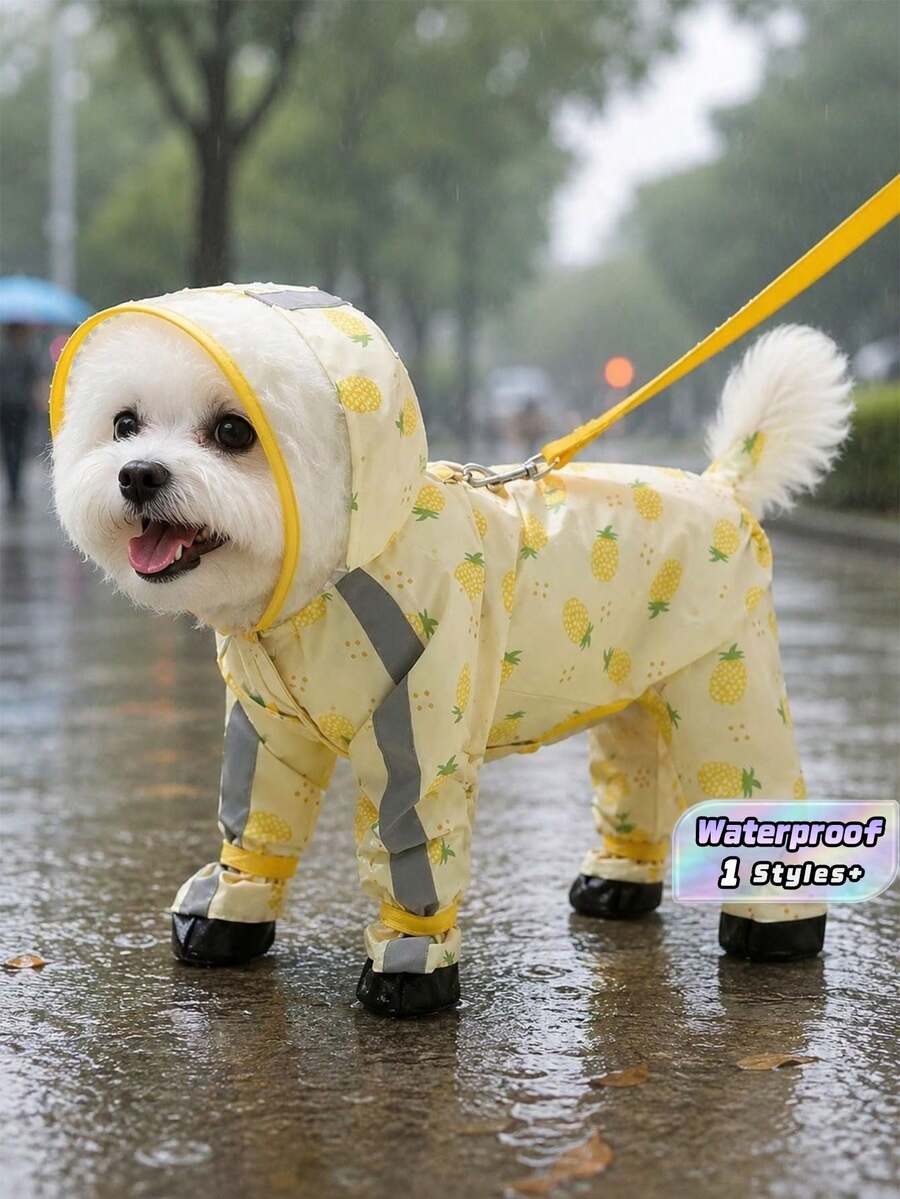 1件泰迪熊印花狗狗雨衣，可愛卡通風格防水聚酯纖維附TPU內裡，全身體型四腿設計，附透明連帽、牽繩孔與靴筒，適合泰迪等小型犬 - 彩色 - 查看 1