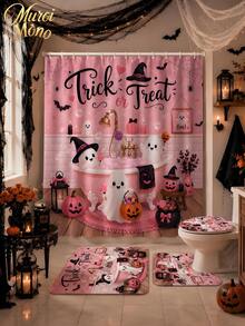 180cm* 180cm 1/3/4 Pcs Halloween Ghost Bathing Bathroom Set, Includes 12 Hooks, 2D Flat Shower Curtain, Non-Slip Mat And Toilet Cover. It Is A Beautiful And Practical Home Decoration Gift Suitable For Use During The Autumn Halloween Season. - Halloween - View 1