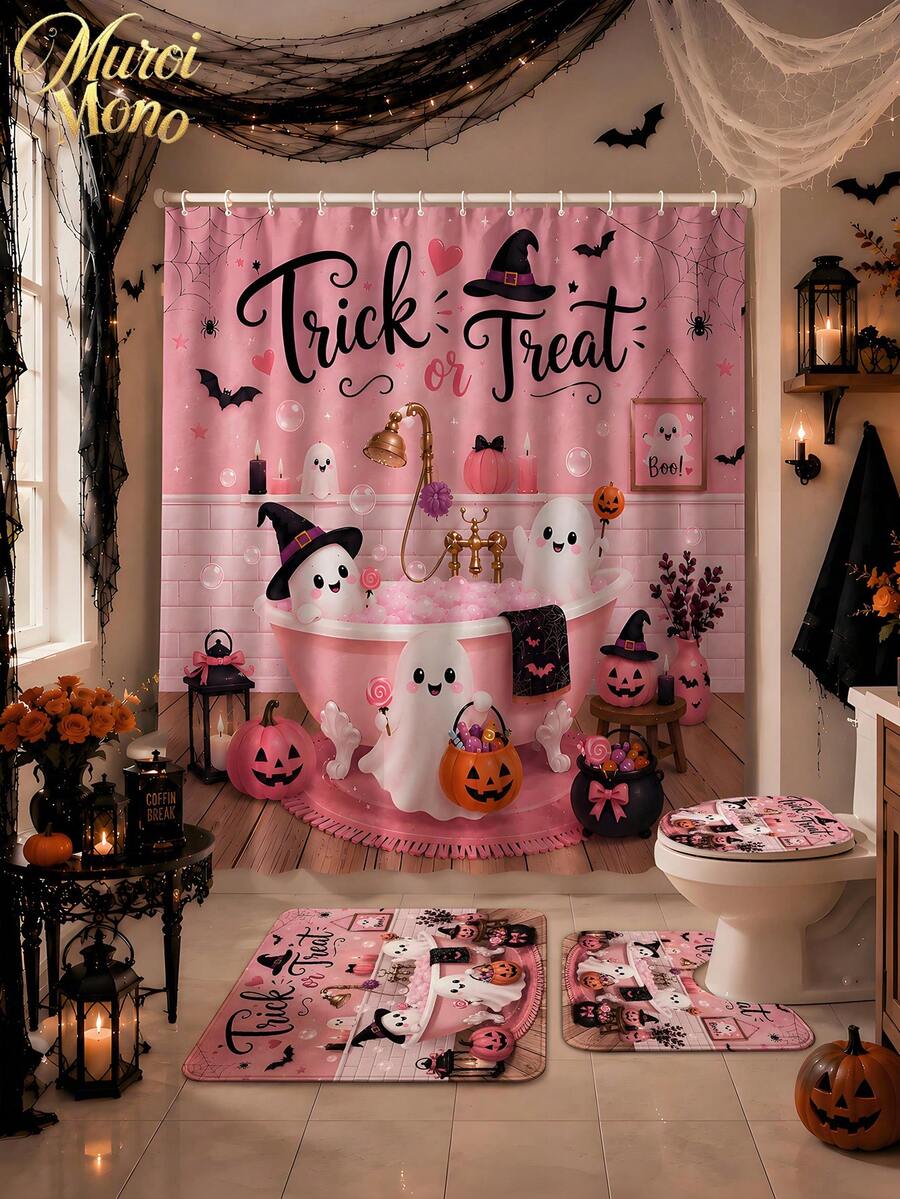 180cm* 180cm 1/3/4 Pcs Halloween Ghost Bathing Bathroom Set, Includes 12 Hooks, 2D Flat Shower Curtain, Non-Slip Mat And Toilet Cover. It Is A Beautiful And Practical Home Decoration Gift Suitable For Use During The Autumn Halloween Season. - Halloween - View 1