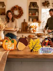 Set Dekorasi Meja Thanksgiving Musim Gugur 4 Buah, Kayu Berdiri Sendiri, Biji Ek, Daun Maple, Kalkun, Tanda Panen Pedesaan, Selamat Datang Musim Gugur, Ucapkan Terima Kasih, Ornamen Rak Perapian Gaya Rumah Pertanian - Bagian A - View 1