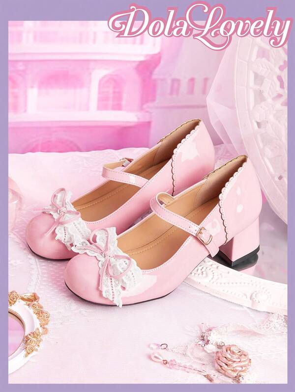 Dola Lovely Women Shoes Pink Cute Sweet Round Toe Mary Jane High Heels Lace With Bow Decoration, Birthday Party Wear JK Wear, Lolita Wear