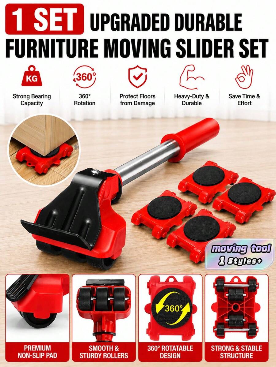1 Set Furniture Moving Slider Kit, Heavy‑Duty Furniture Lifter With 4 Roller Pads, 360‑Degree Swivel Mover For Sofas, Cabinets, Refrigerators & Home Appliances, Floor Protection, Easy Single‑Person Moving Tool - multicolor - View 1