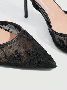 CUCCOO SZL Ladies Pointed Round Mouth Lace Surface. Cone Lacquered Heel. Elastic Rear Strap Empty Single Shoe. Four Seasons Festival Commuter Women's Shoes - Black - View 5