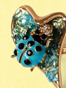 Popjeli Asymmetrical Love Enamel Ladybug Ring, Broken Crystal Pearl Niche Cute Ring - Gold - Blue - View 5