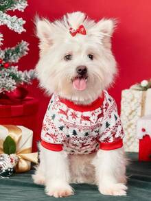 PETSIN 1 Pet Christmas Cat Dog Universal Red And Green Elk Snowflake Geometric Fer Island Pattern Print Plush Warm And Comfortable Dog Christmas - Multicolor - View 7