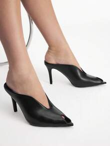 Mnmlis Black Lychee Pattern High-Heeled Mules Women's V-Cut Peep Toe Thin-Heeled, Commuting Dating Elegant Sandals Fall Shoes - Black - View 10