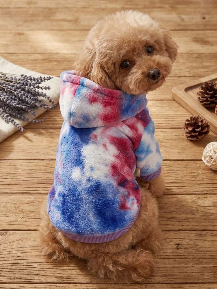 PETSIN 1pc Pet Cat/Dog Warm Plush Tie-Dye Hoodie Sweatshirt, Fashionable In Blue/Red Color - Multicolor - View 1