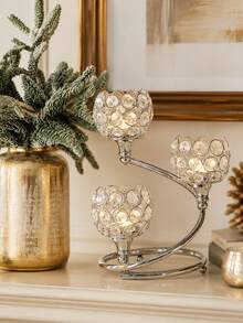 1 PC Gold/Silver Crystal Candle Holder - 3 Arm Elegant Centerpiece With Metal Base | Shining Tea Light Votive For Wedding, Anniversary, Table Decor - multicolor - View 5