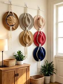 Boho Hat Hanger Cowboy Hat Rack With Tassel Modern Cap Display Hanging Organizer Hand Woven Baseball Cowboy Boho Hat Holder Wall Mount Farmhouse Decor Straw Hat Organizer Housewarming Gift Home Decor Storage Rustic Chic - Beige - View 3