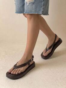 HighSole Women's Adjustable Buckle Strap Open Toe Platform Sandals, Soft & Comfortable Non-Slip, Suitable For Urban Minimalist Style, Casual, Commuting, Sightseeing, Beach, Music Festival, Versatile Summer Outfit - Coffee Brown - View 3