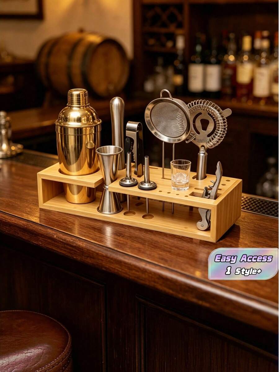 1 cái giá treo dụng cụ pha chế bằng tre đặc phong cách châu Âu, kệ đựng ly cocktail và bình lắc, đồ dùng cho quầy bar tại gia, tiệc tùng, tiếp khách, quà tặng Giáng Sinh, quà lễ hội, món đồ cần có - Xem 1