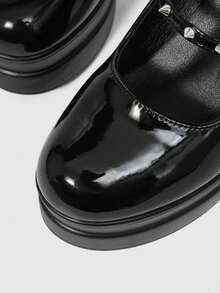 ROMWE Grunge Punk Women's Sexy Glossy Closed-Toe High-Heeled Shoes With Double-Layer Platform Soles; Gothic-Punk Style Featuring Metal Rivets And Double Buckle Straps. - Black - View 5