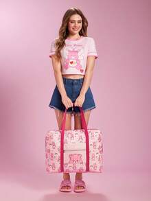 SHEIN X Care Bears 卡通熊可折疊旅行托特包，大容量聚酯纖維手提包，附行李箱套筒，可折疊設計，適合旅行、商務攜帶衣物與日常用品 - 粉玫紅 - 查看 3
