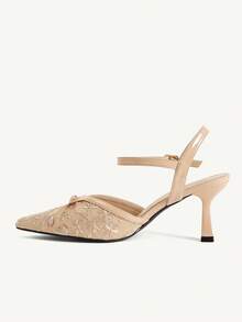 CUCCOO CHICEST Women's Embroidery Floral Slingback Heels, Bow Decor Pointed Toe Mesh Stiletto Sandals, Elegant Backless High Heels For Daily Wedding Party - Apricot - View 5