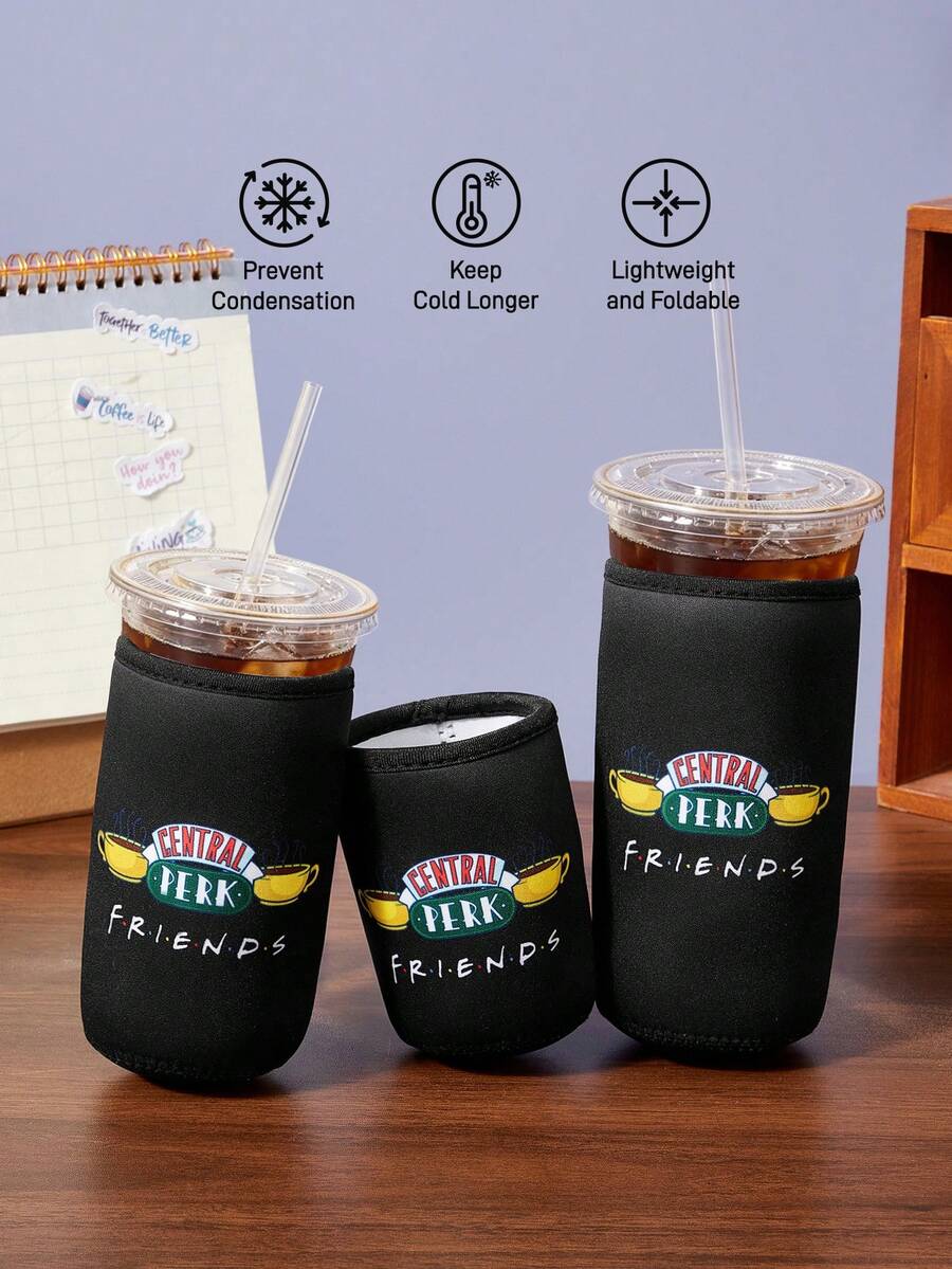 FRIENDS X SHEIN 1Pc Cute Printed Fabric Cup Holder, Neoprene Cup Sleeve Thermal Insulation Material, Reusable, S/M/L Three Sizes, Suitable For Different OZ Coffee Cups - Black - View 1