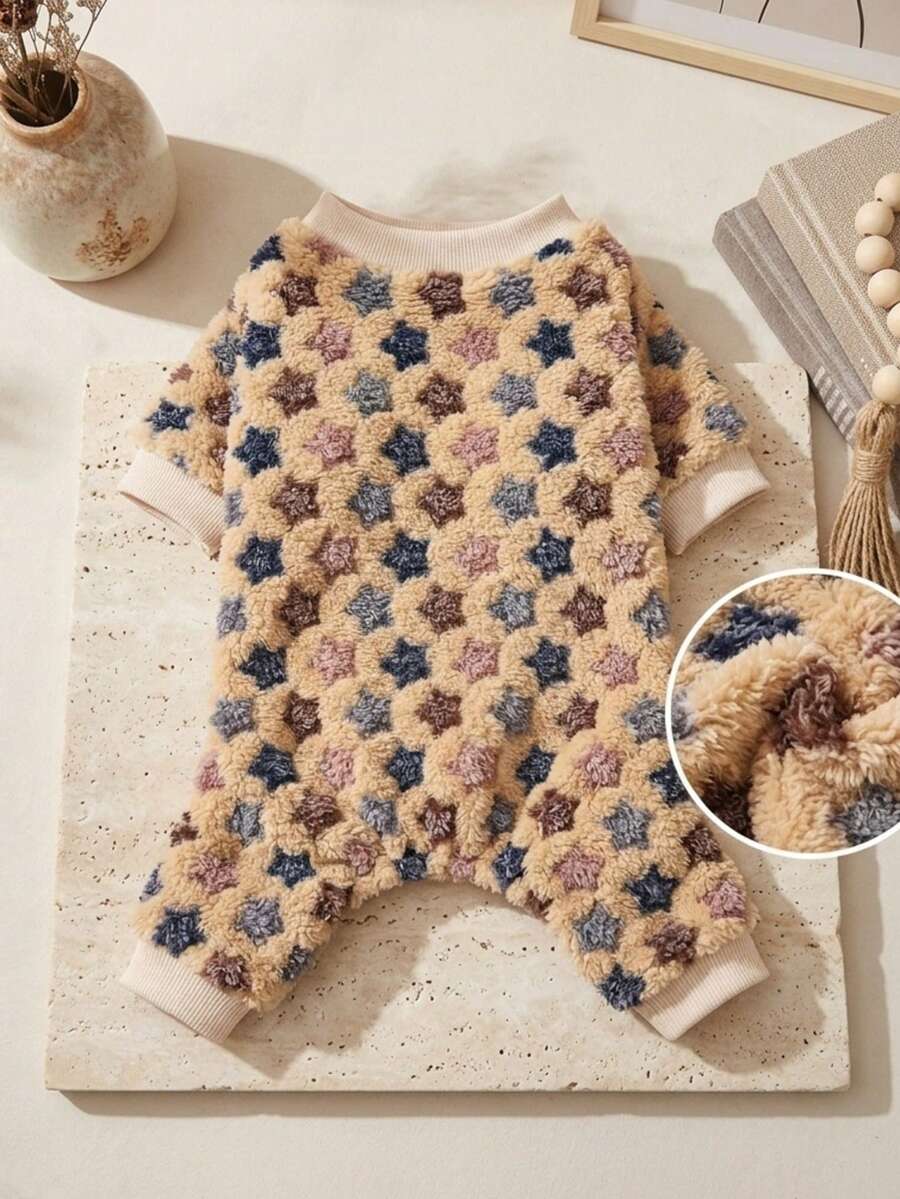 PETSIN 1pc Colored Star Flannel Pet Jumpsuit, Yellow Thick Warm Pet Clothing - Multicolor - View 1