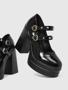 Sugerpunk Women's Thick-Soled Thick-Heeled Shoes, Punk Style, Dark Fashion Patent Leather Round Toe, Low Vamp Rivets, Front Lace Bow Mary Jane High Fall Shoes - Yaohei - View 6