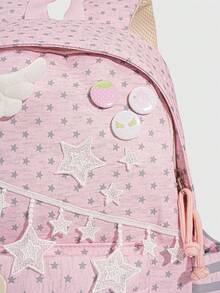 ROMWE Kawaii 1件甜美波點 Y2K 背包，學生書包附星星音樂符號徽章與蕾絲荷葉邊，適合返校旅行 - 深粉色 - 查看 7
