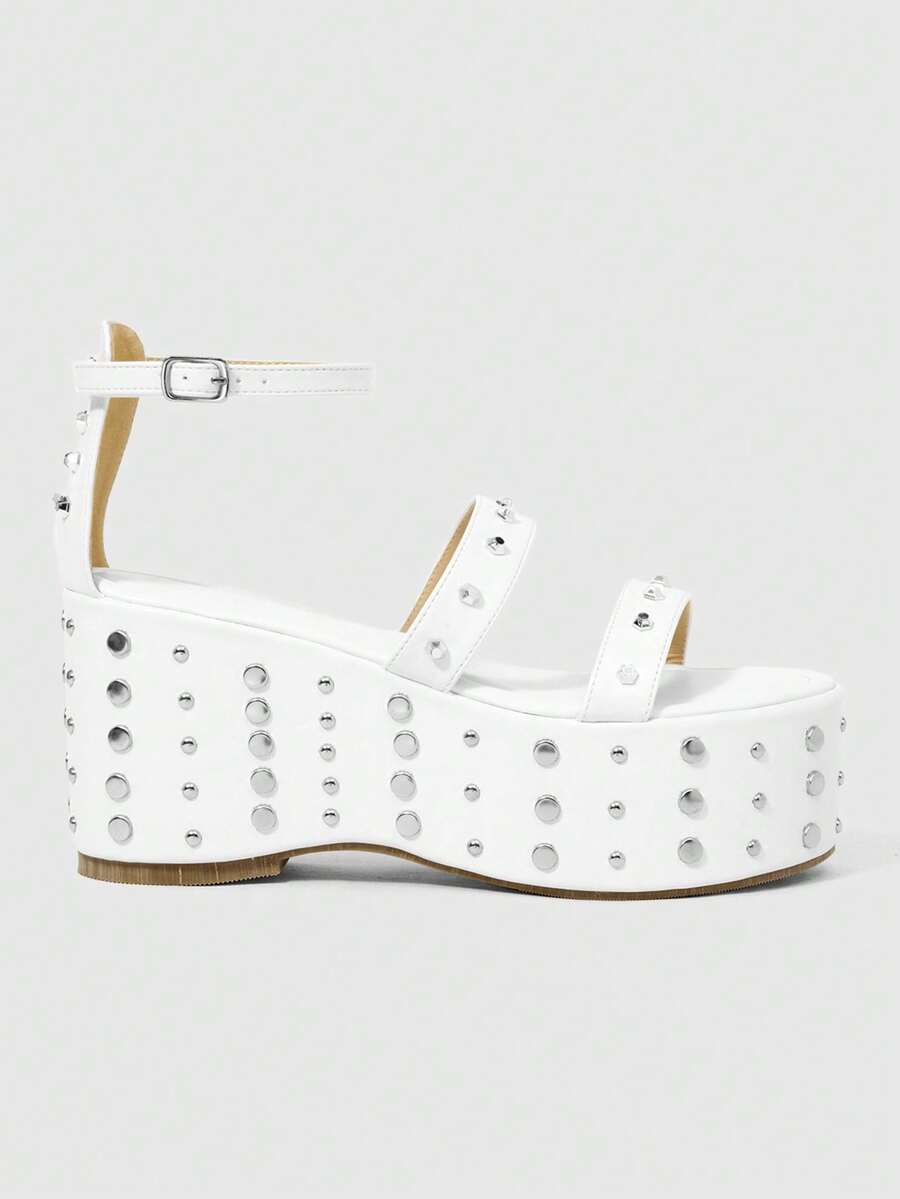 Sugerpunk Ladies, Spike Buckles, Lame-Heeled Platform Sandals. - White - View 1