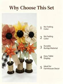 Set Of 3 Primitive Burlap Sunflower Decorations, Vintage Wooden Thread Spool Sunflower Table Centerpiece, Country Farm Style Autumn Thanksgiving Dining Table Desktop Decor - Sunflower - View 5