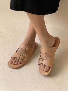 HighSole 女士平底凉鞋 舒适搭扣套脚凉鞋 - 卡其色 - 查看 5