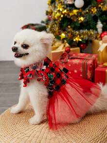 PETSIN Christmas Pet Dress With Mesh Fabric, Bow Tie And Red Black Plaid Pattern - Multicolor - View 7