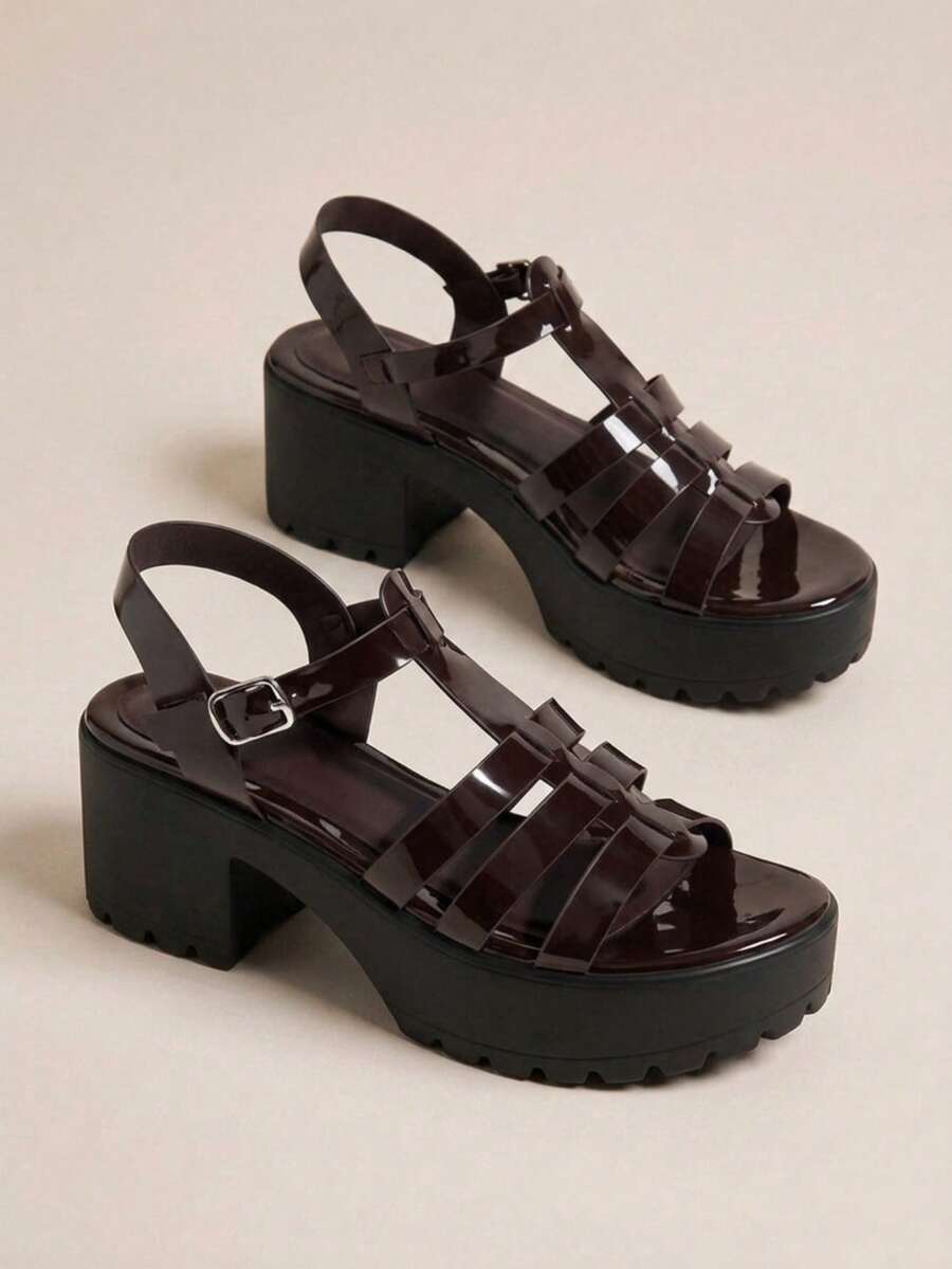HighSole 女款時尚高跟綁帶涼鞋,簡約休閒日常款 - 咖啡棕鏡面 - 查看 1
