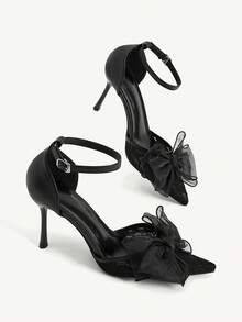 CUCCOO CHICEST Pointed Satin Texture Bow Hollow Versatile Elegant Fairy Style Sexy Black High Heels - Black - View 4
