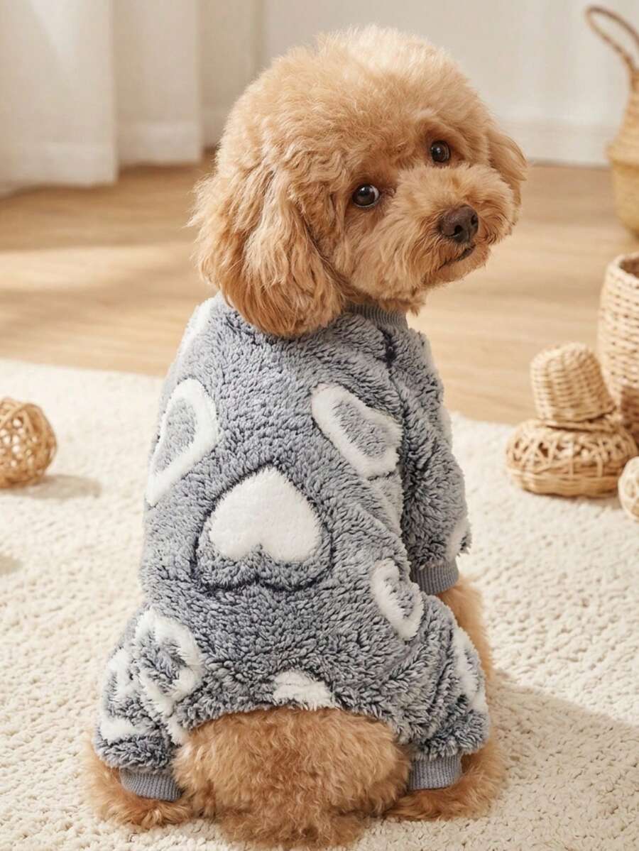 PETSIN 1pc Pet Cat/Dog Gray Fleece Warm Heartshaped Starprint Flannel Footed Jumpsuit - Multicolor - View 1