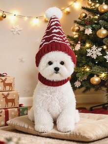 PETSIN 1pc Pet Holiday Style Christmas Wool Hat, Wool Ball Decoration Cat And Dog Universal Holiday Warm Hat, Suitable For Christmas Parties, Holiday Photography, And Holiday Dressing Up - Multicolor - View 3