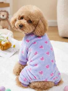 PETSIN 1pc Rose Red Love Printed Pet Jumpsuit Light Purple Autumn And Winter Flannel Warm And Comfortable Pet Warm Clothes - Multicolor - View 4