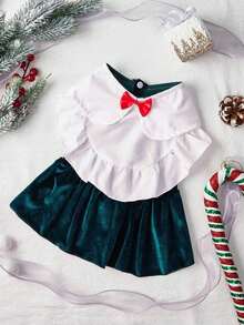 PETSIN 1pc Dark Green Velvet Peter Pan Collar Princess Dog Cat Dress For Christmas - Multicolor - View 7