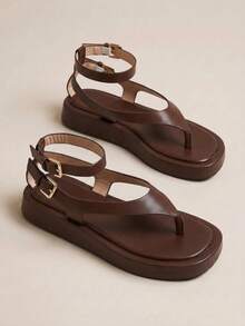 HighSole 女款舒適休閒厚底綁帶方頭夏季日常通勤極簡風駱駝色夾腳厚底涼鞋 - 咖啡棕色PU - 查看 6