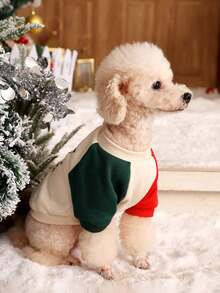 PETSIN 1pc Christmas Red & Green Contrast Color Cute Pet Sweatshirt - Multicolor - View 6