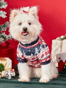 PETSIN 1 Pet Christmas Cat Dog Universal Red Navy Blue Christmas Tree Snowflake Fair Isle Pattern Print Plush Warm And Comfortable Dog Christmas - Multicolor - View 5