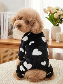 PETSIN 1pc Pet Cat Dog Universal Black Fleece Warm Heart Print Flannel Jumpsuit - Multicolor - View 3