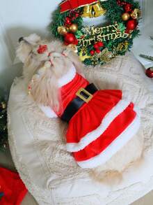 PETSIN Santa - Style Pet Christmas Dress With Plush Trim And Golden Buckle Belt - Red - View 8