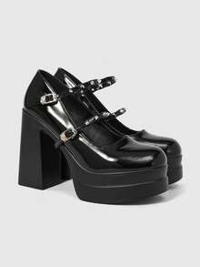 ROMWE Grunge Punk Women's Sexy Glossy Closed-Toe High-Heeled Shoes With Double-Layer Platform Soles; Gothic-Punk Style Featuring Metal Rivets And Double Buckle Straps. - Black - View 2