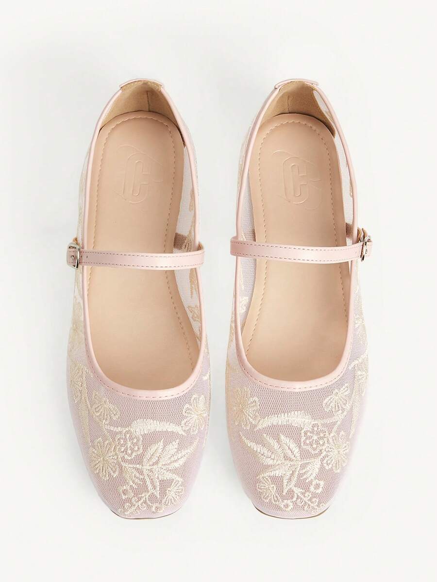CUCCOO CHICEST Women Shoes New Chinese Style Gentle Style Women Spring And Summer Travel Dating Mesh Yarn Flower Embroidery Solid Color Round Toe Flat Bottom Mary Jane - Baby Pink - View 1