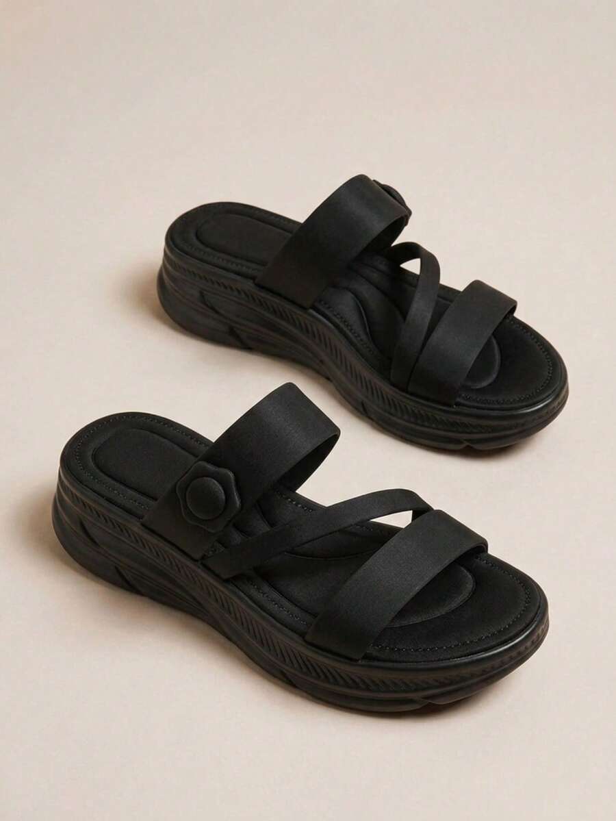 HighSole 全新夏季时尚优雅百搭厚底平底凉鞋 - 黑色 - 查看 1
