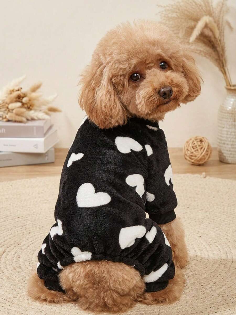 PETSIN 1pc Pet Cat Dog Universal Black Fleece Warm Heart Print Flannel Jumpsuit - Multicolor - View 1
