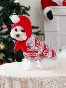 PETSIN Pet Christmas Outfit Knit Snowflake Dog Sweater With Pom‑Pom Santa Hat Warm Winter Clothes For Small Dogs Cats - Red - View 7