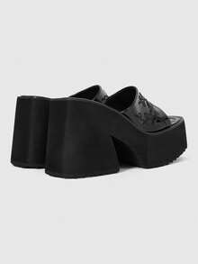 ROMWE Women's Fashionable And Casual Platform Wedge Sandals, Punk-Style Gothic Elegance With Glossy Floral Embroidery. - Black - View 3